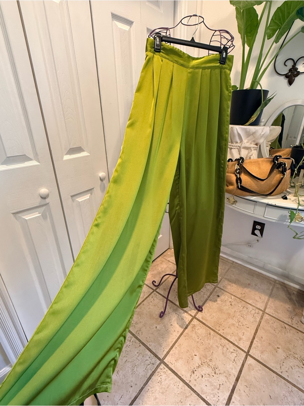 Green Satin Wide-Leg Pants